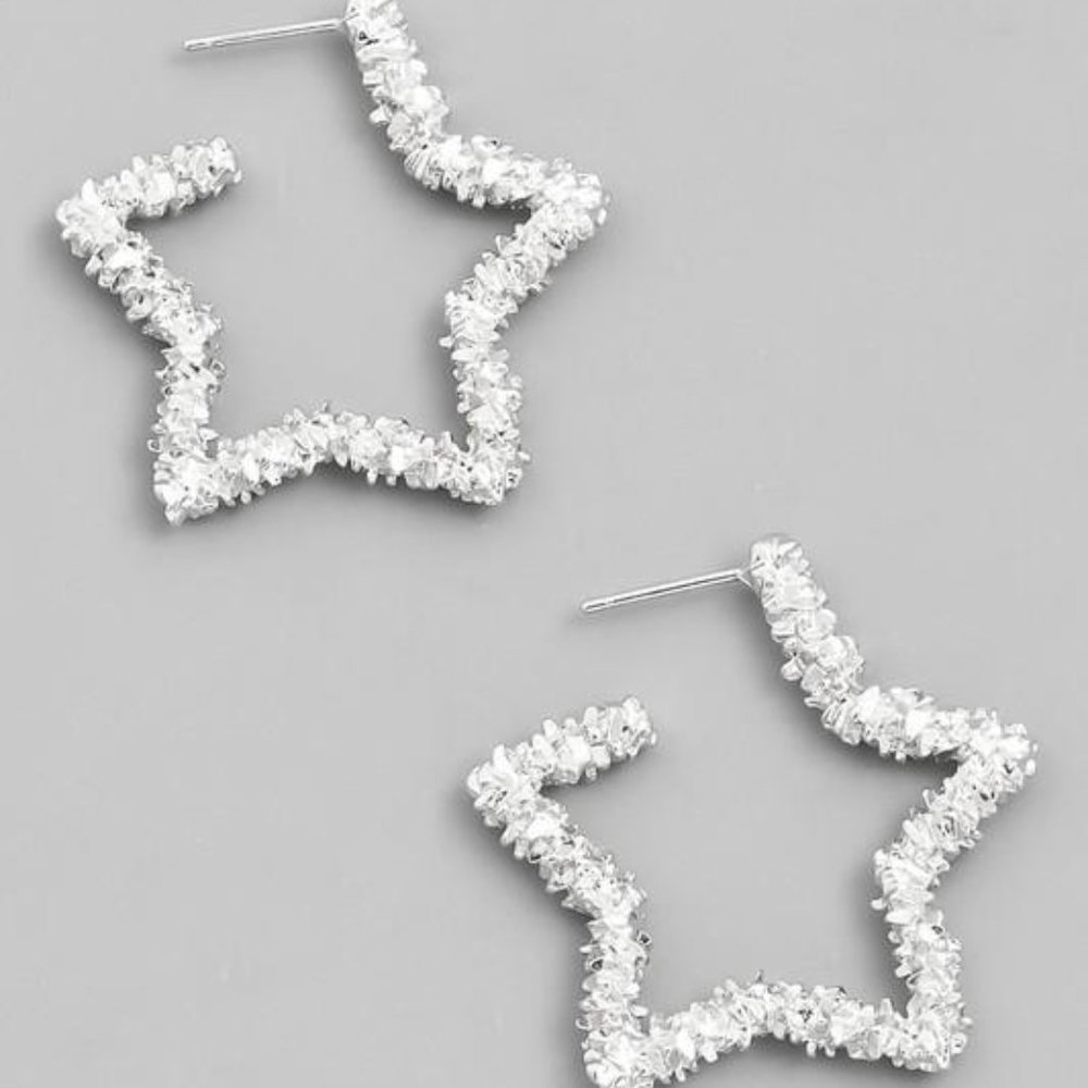 Textured Star Hoop Earrings - Silver